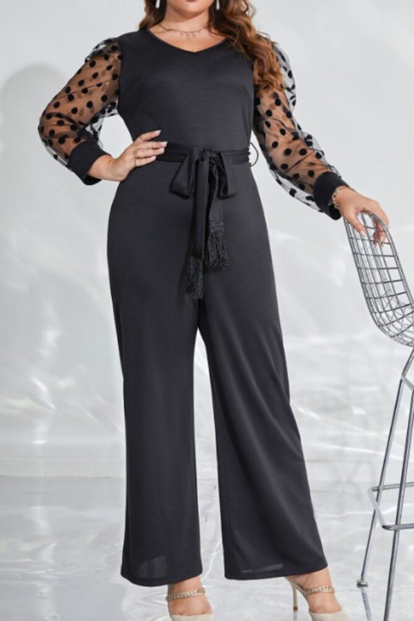 Black Plus Size V-Neck Jumpsuit – Long Dot Sleeve – High Waist