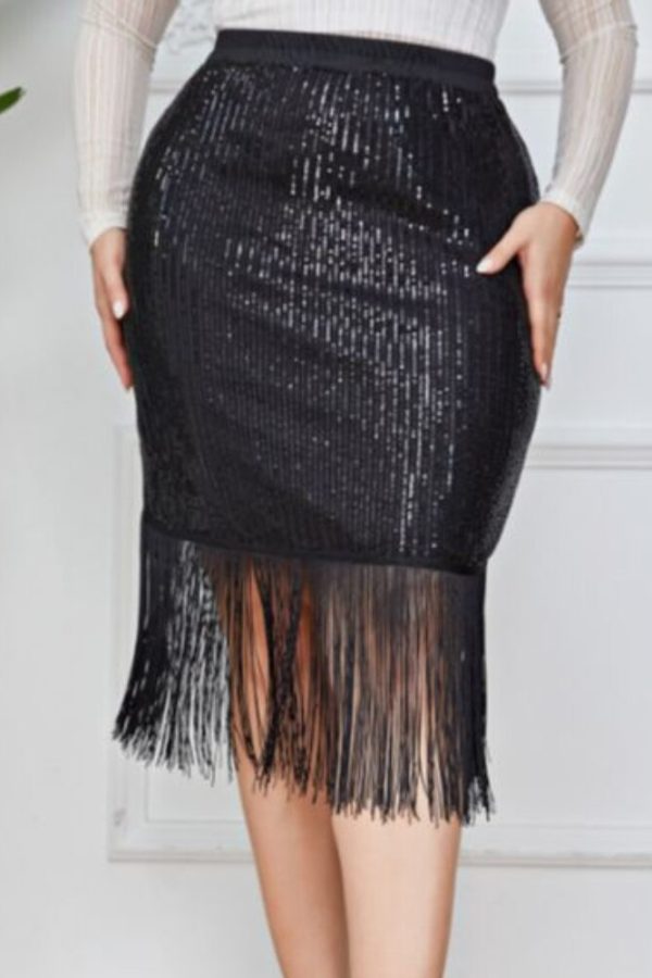 Black Sequin Plus Size Tassel Skirt