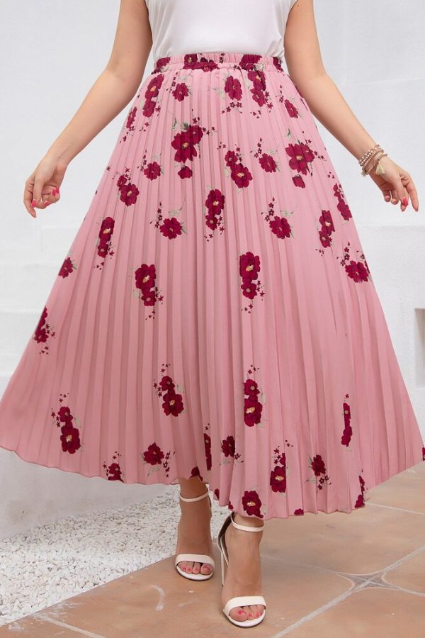 Pink Floral Patchwork Pleated Skirt – Plus Size 4XL