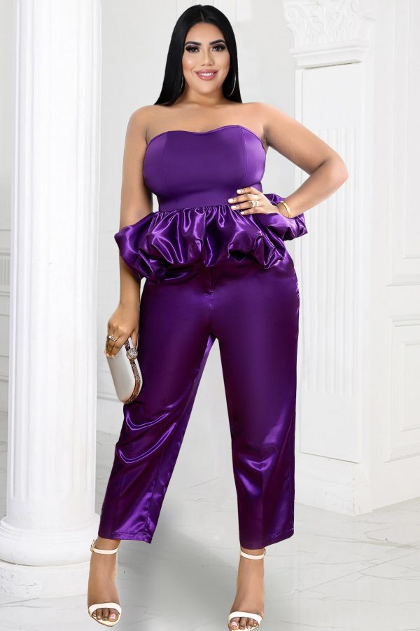 Women’s Purple Strapless Top & Elastic Waist Pants Set – Large Size