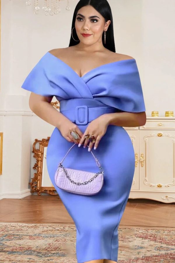 Off-Shoulder V-Neck Plus Size Blue Cocktail Dress – 2023