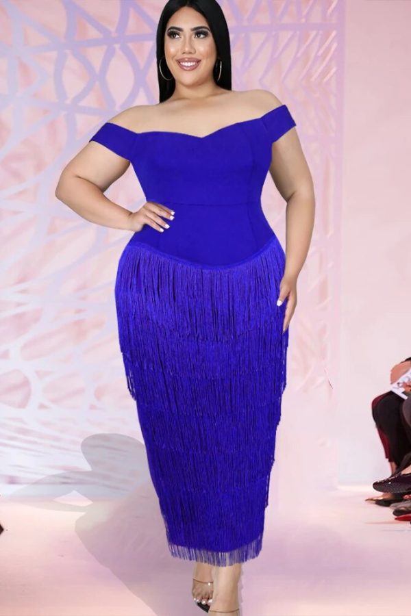Blue Plus Size Fringe Bodycon Dress 4XL Elegant