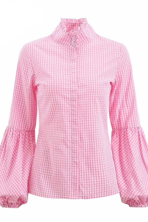 Retro Pink Plaid Cotton Blouse – Lantern Sleeves, Turtle Neck