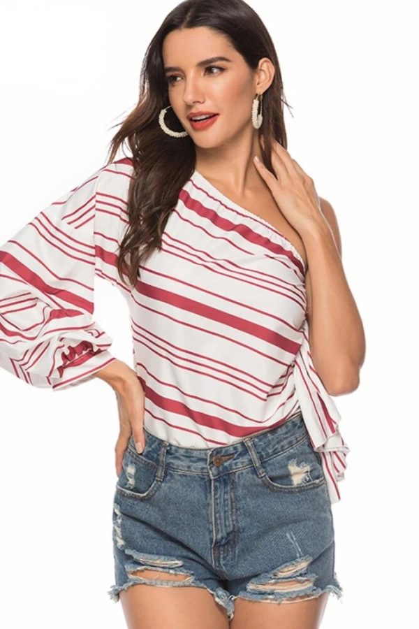 Striped One-Shoulder Blouse – Puff Sleeves, Ruffles, Plus Size