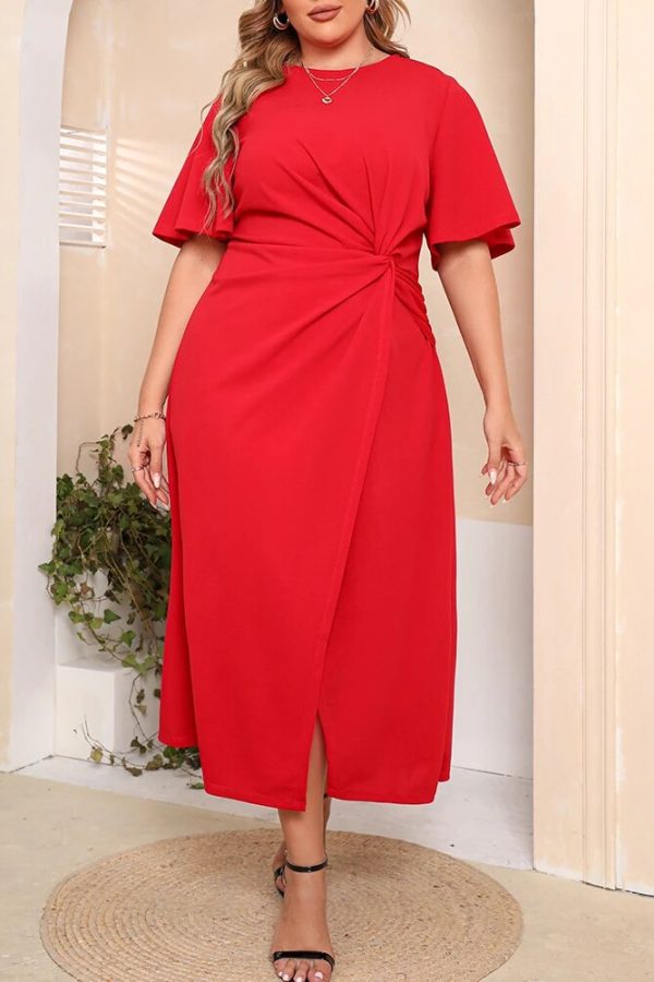 Plus Size Red Butterfly Sleeve Midi Party Dress