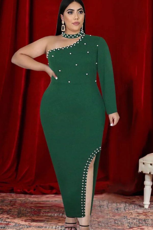 Green Plus Size One-Shoulder Beaded Bodycon Dress: Long Sleeve