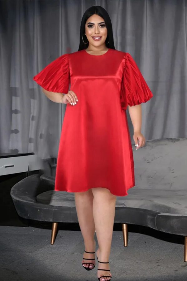 Plus Size Red Puff Sleeve Knee-Length Party Dress