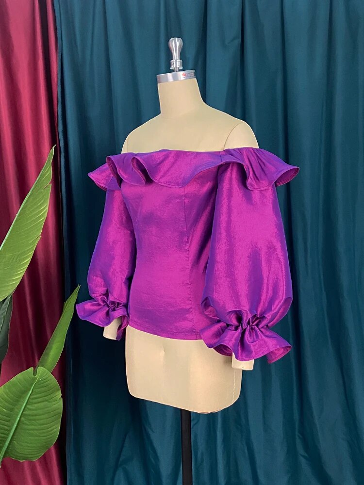 Shiny Purple Off-Shoulder Blouse - Plus Size Evening Wear - Ontinva