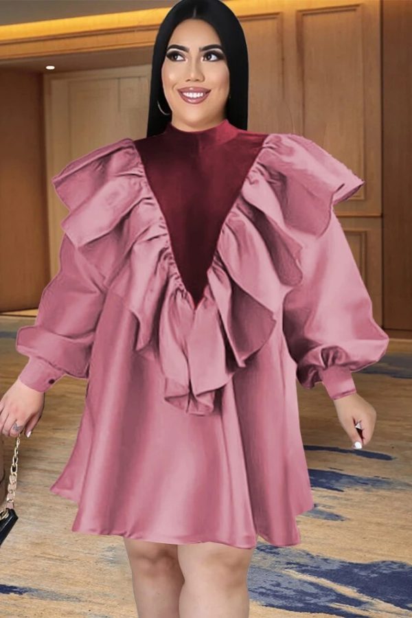 Long Lantern Sleeve Pink Patchwork Mini Dress – 2023