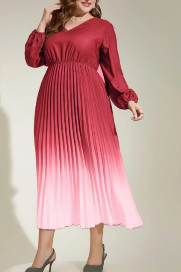 Red Gradient V-Neck Pleated Dress – Elegant and Graceful!