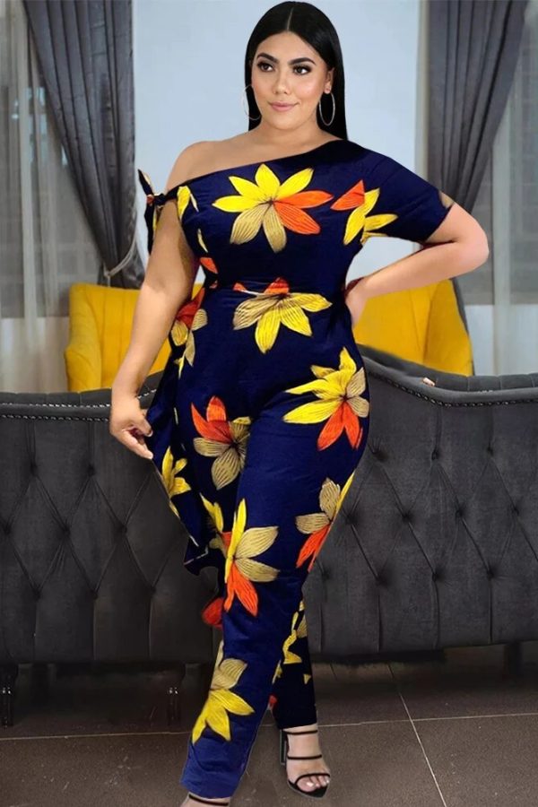 Floral Plus Size One-Shoulder Jumpsuit 4XL – Short Sleeve
