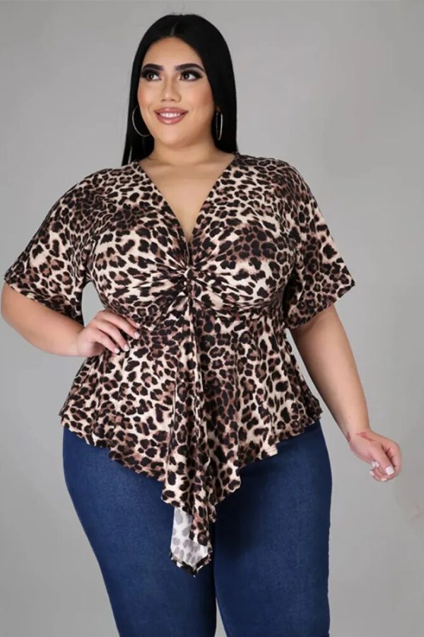 Leopard Print Plus Size Blouse V-Neck Short Sleeve Casual Office Women’s Shirt 4XL 2023