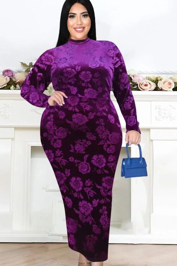 Velvet Floral Plus Size Bodycon Dress – Winter