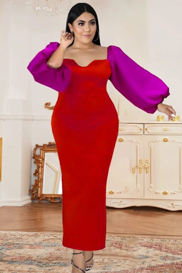 Red Plus Size Bodycon Dress Bare Shoulder Long Puff Sleeves