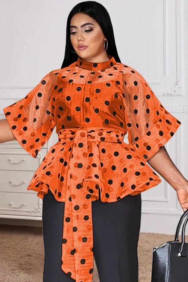 Polka Dot Organza Plus Size Blouse: Sheer 3/4 Sleeve – with Belt