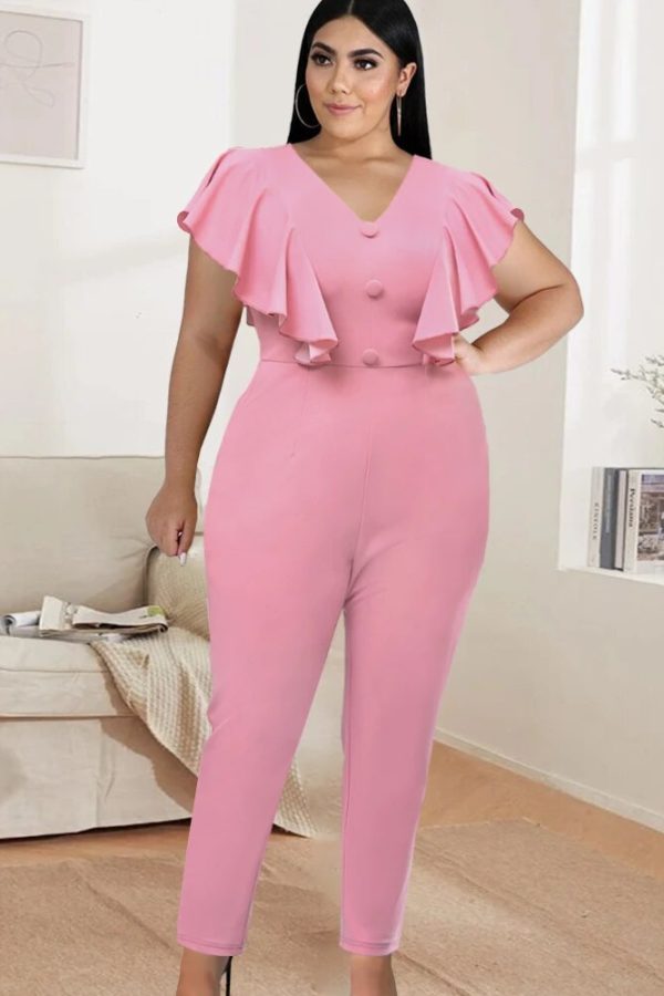 Pink V-Neck Bodycon Jumpsuit: Plus Size 4XL – Ruffle Sleeve