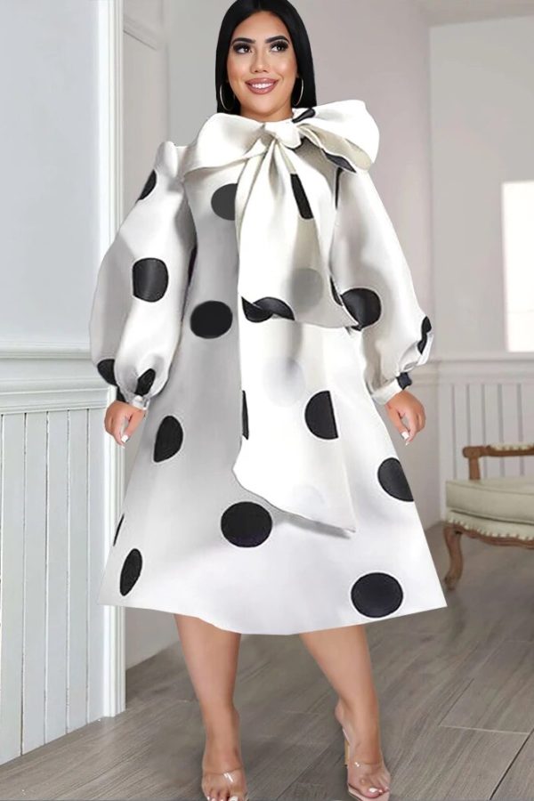 Polka Dot A-Line Dress with Long Puff Sleeves & Waist Belt