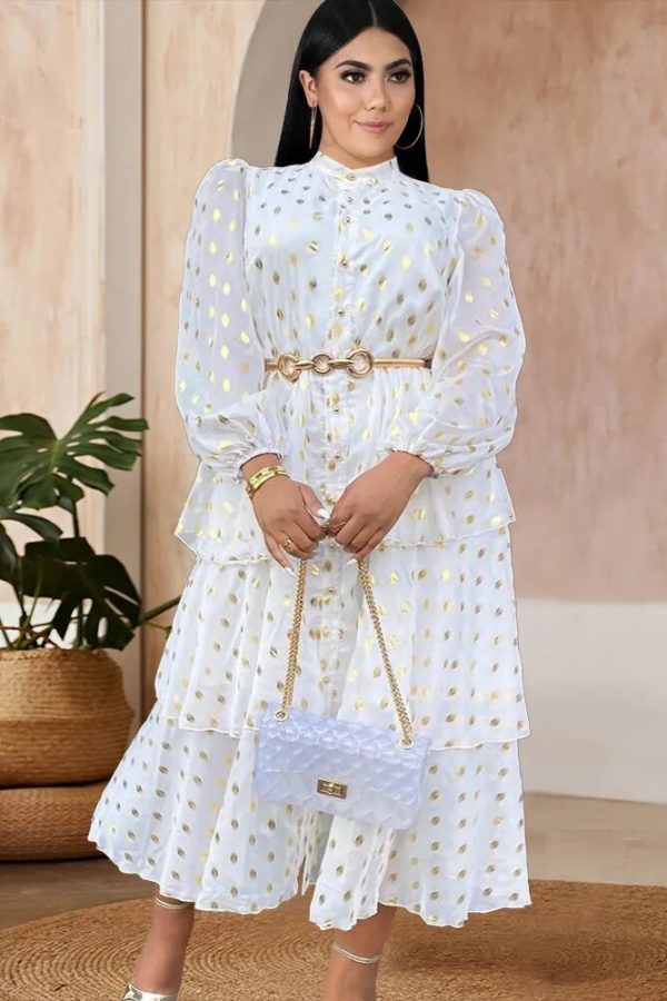 White Plus Size Polka Dot Chiffon Dress: Long Sleeve – 3XL