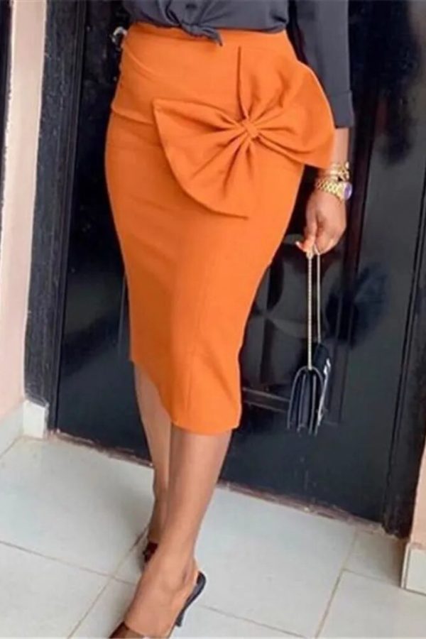 Butterfly Bow High Waist Office Skirt – Orange & Red, 2023 Summer, Big Size