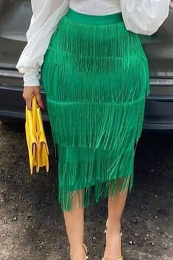 Green Bodycon Pencil Fringe Skirt – Women’s Midi, High Waist