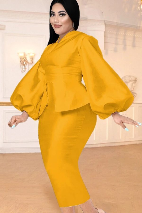 Midi Length Yellow Bodycon Plus Size Dress – Party