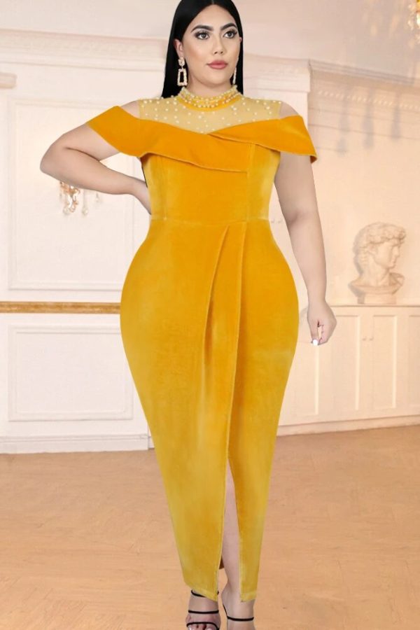 Yellow Plus Size Velvet Off-Shoulder Dress: Long Prom