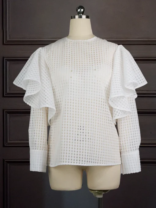 Plaid Ruffle Long Sleeve White Blouse - Image 2