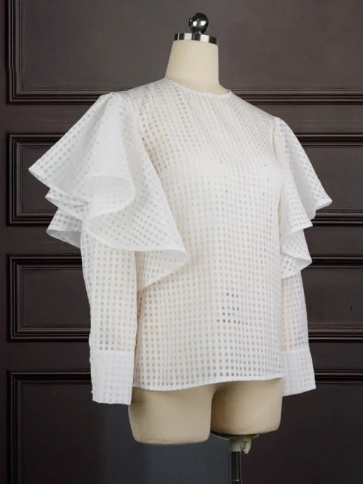 Plaid Ruffle Long Sleeve White Blouse - Image 3