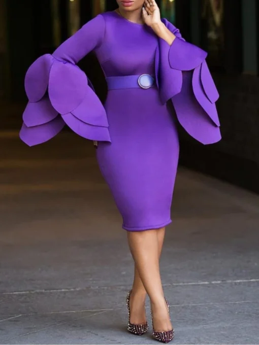 Purple Flare Sleeve Midi Dress