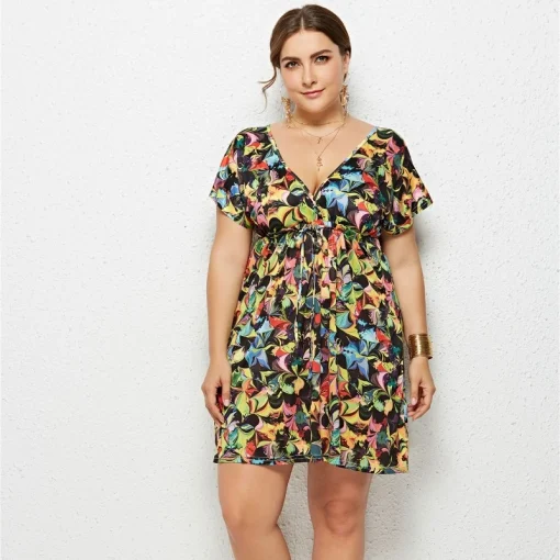 Plus Size V-Neck Dress: Backless, Bohemian Fashion Mini