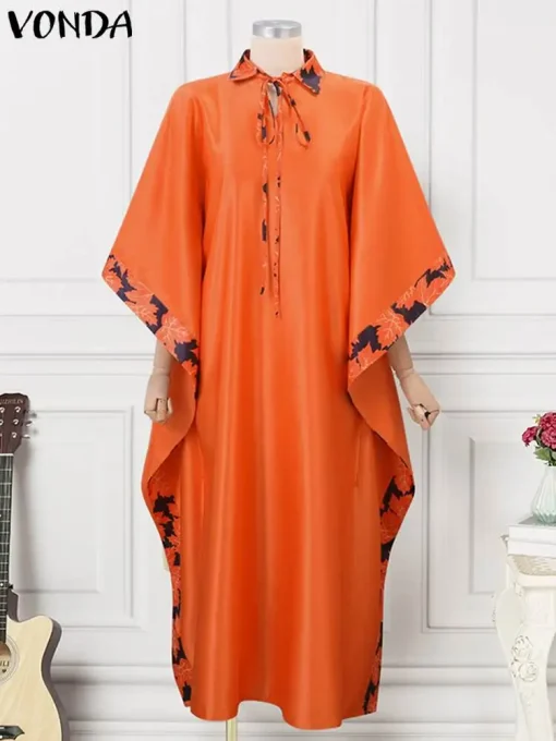 Bohemian Maxi Dress - Oversized Bat Sleeve Printed - Image 2