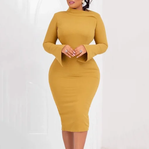 Solid Round Neck Bodycon: Elegant Mid-Calf Business Dress with Sleeves