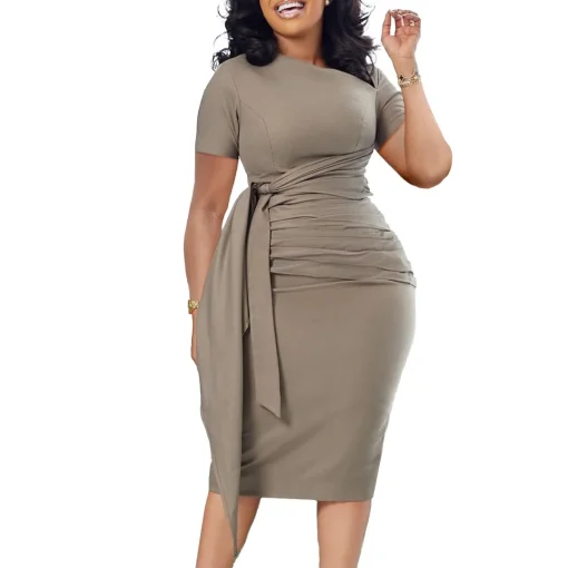 Skew Collar Bodycon: Formal Business Midi Dress, Belted Chic - Image 5