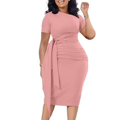 Skew Collar Bodycon: Formal Business Midi Dress, Belted Chic - Image 6