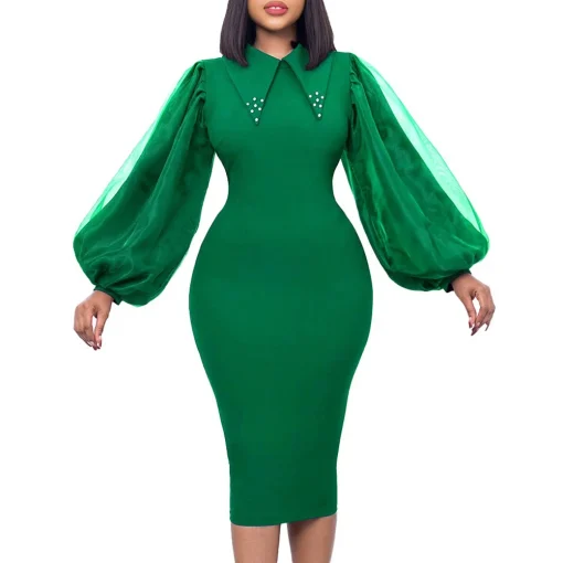 Elegant Beaded Lantern Sleeve Bodycon: Professional Mid-Calf Dress