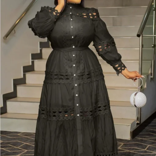 Lace Splice Midi Dress: Chic A-Line Style with Belt, Plus Size - Image 2