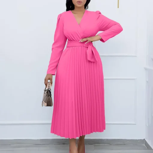 Pleated V-Neck Dress: Elegant, Full Sleeve, Belted, Mid-Calf, Fashionable