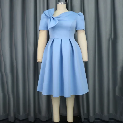 Blue Elegant Dress: Skew Collar, Short Sleeve, Bow Decor, Pleated - Image 2