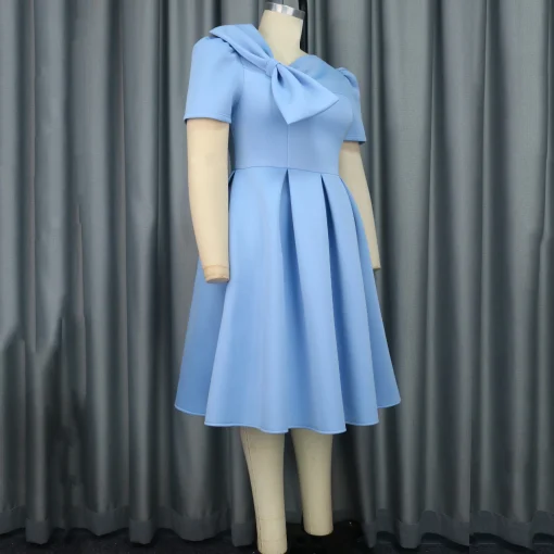 Blue Elegant Dress: Skew Collar, Short Sleeve, Bow Decor, Pleated - Image 3