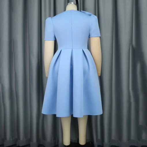 Blue Elegant Dress: Skew Collar, Short Sleeve, Bow Decor, Pleated - Image 4