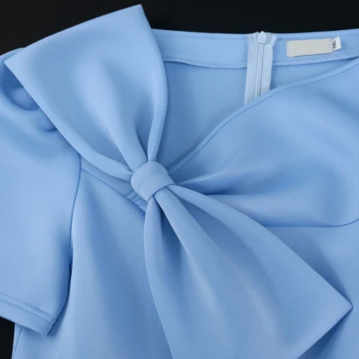 Blue Elegant Dress: Skew Collar, Short Sleeve, Bow Decor, Pleated - Image 5