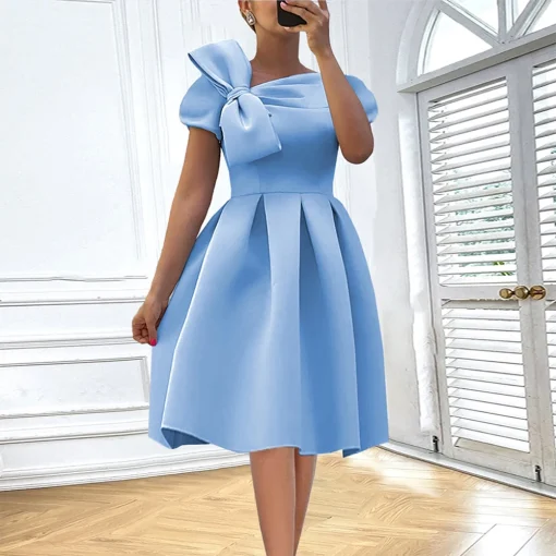 Blue Elegant Dress: Skew Collar, Short Sleeve, Bow Decor, Pleated