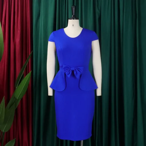 Sleeveless Bodycon Dress: Elegant Round Neck, Bow Decor, Mid-Calf - Image 2