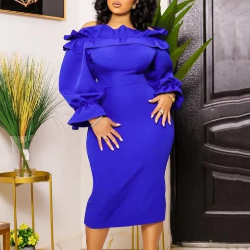 Elegant Off-Shoulder Bodycon: Professional Mid-Calf Business Dress