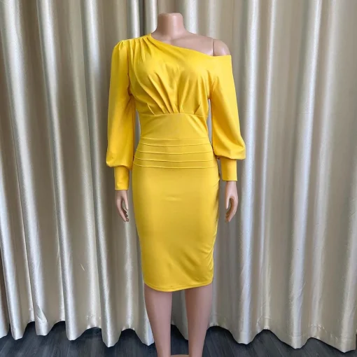 One-Shoulder Bodycon Dress: Elegant, Full Sleeve, Professional Midi OL Attire - Image 2