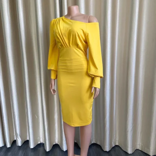 One-Shoulder Bodycon Dress: Elegant, Full Sleeve, Professional Midi OL Attire - Image 3