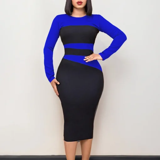 Patchwork Sheath Bodycon Dress - Elegant Round Neck, Formal Business - Image 4