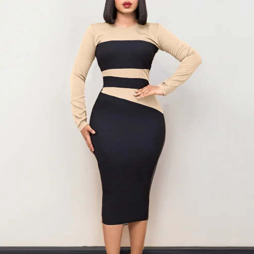 Patchwork Sheath Bodycon Dress - Elegant Round Neck, Formal Business - Image 5