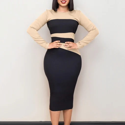 Patchwork Sheath Bodycon Dress - Elegant Round Neck, Formal Business - Image 6