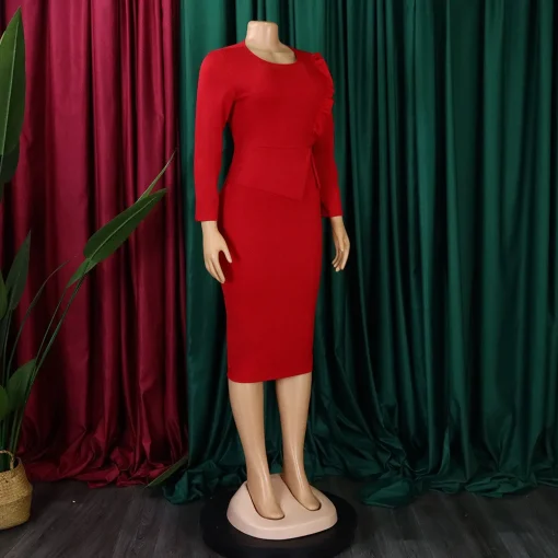 Round Neck Sleeve Bodycon Dress - Elegant Mid-Calf Formal Wear - Image 3